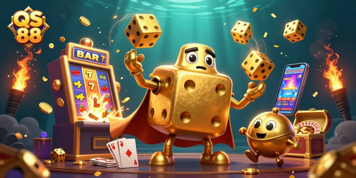 Experience thrilling games at QS 88 with our interactive 3D casino illustration showcasing dynamic gaming elements.