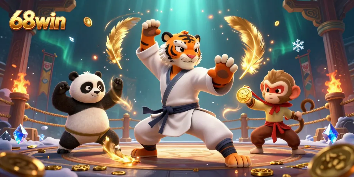Experience thrilling gaming action at 68win with vibrant illustrations of dynamic characters and casino elements.