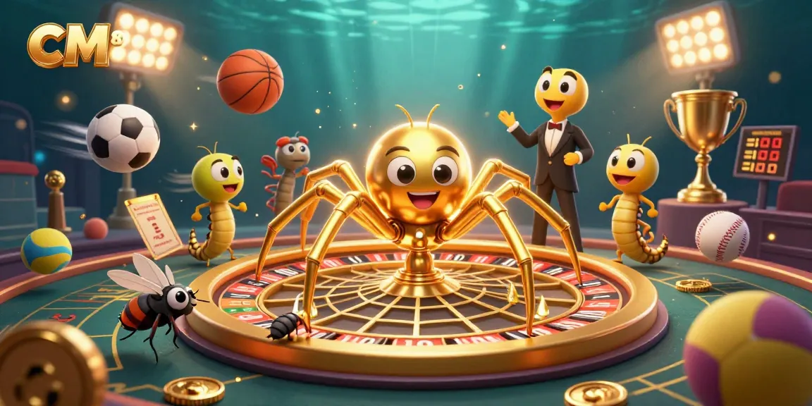 Experience thrilling gameplay at CM88 with a golden spider and centipede croupier in a vibrant casino scene.