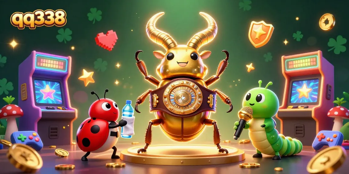 Engage with qq338's vibrant games, showcased in ultra-detailed 3D art featuring playful characters and colorful casino elements.