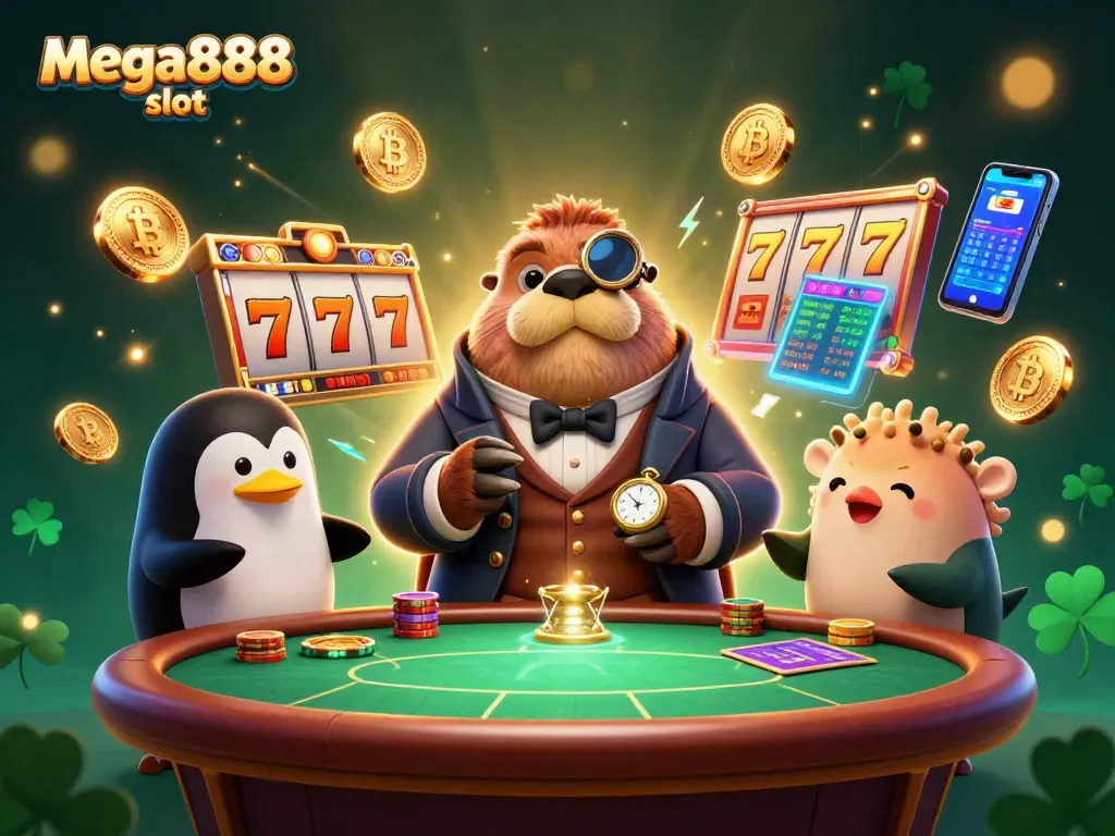 Engage with the immersive mega888 slot experience featuring characters in a vibrant casino setting.
