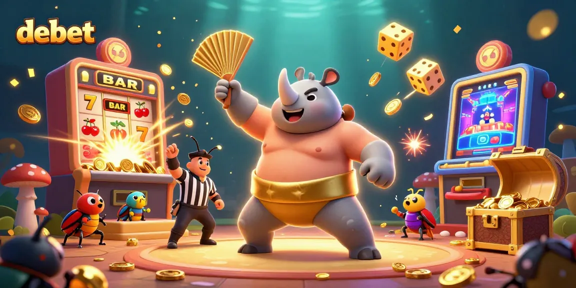 Debet features a lively 3D casino scene with beetles celebrating jackpot wins and thrilling games.