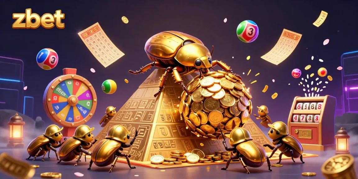 Engage with zbet through a vibrant casino scene of golden beetles, lottery elements, and dynamic gambling energy.