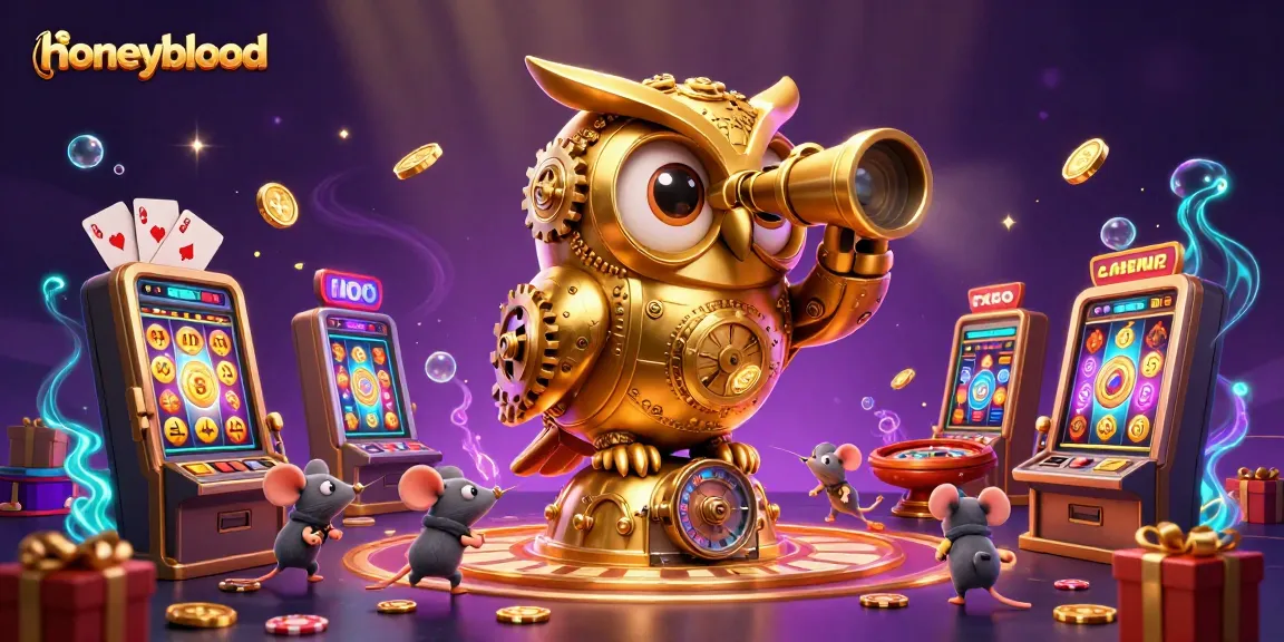 Engage with honeyblood's vibrant scene of a clockwork owl overseeing a dynamic casino floor.