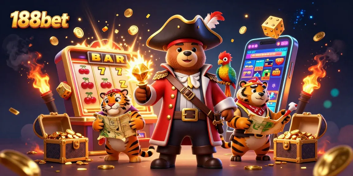 A vibrant scene with characters celebrating at a 188bet casino with a bursting slot machine, enhancing your gaming experience.