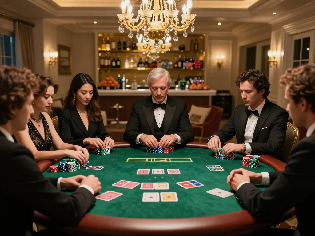 78WIN players strategizing at a luxurious private poker game, high-stakes action and vibrant atmosphere.