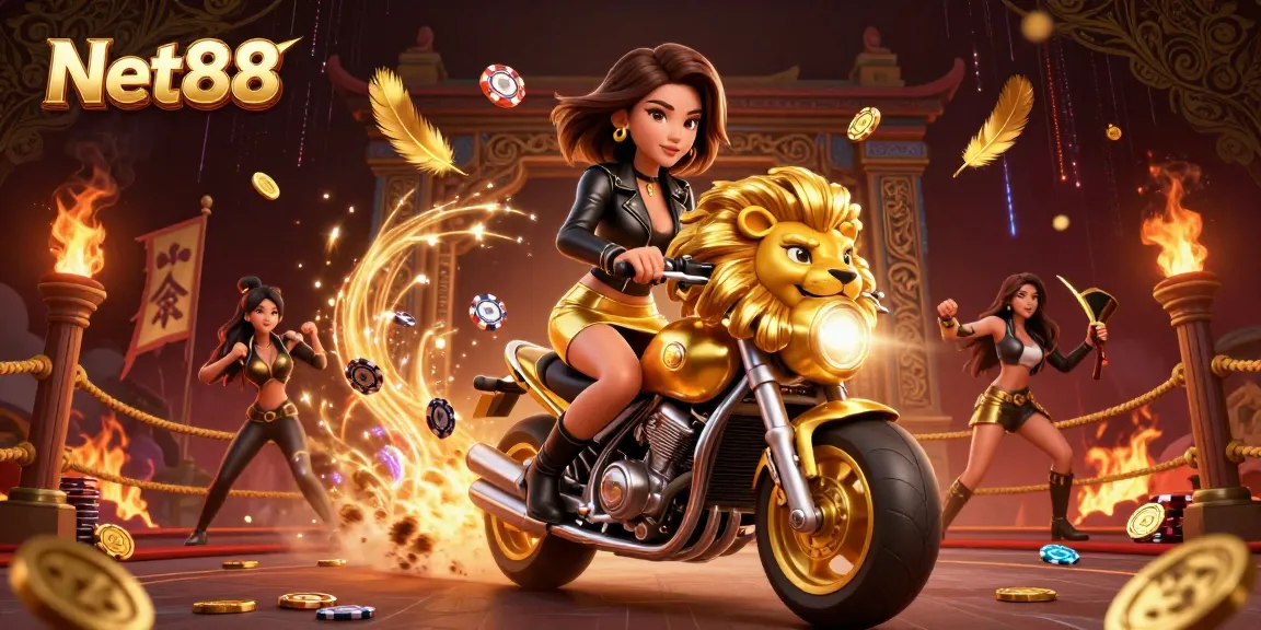 Engage with Net88's thrilling gameplay featuring a glamorous woman on a golden lion mascot amidst a casino atmosphere.