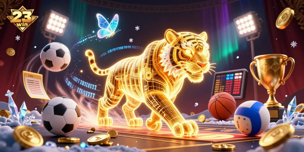 Experience the thrill of sports betting with 23win, featuring a neon-wireframe tiger and flying sports balls.