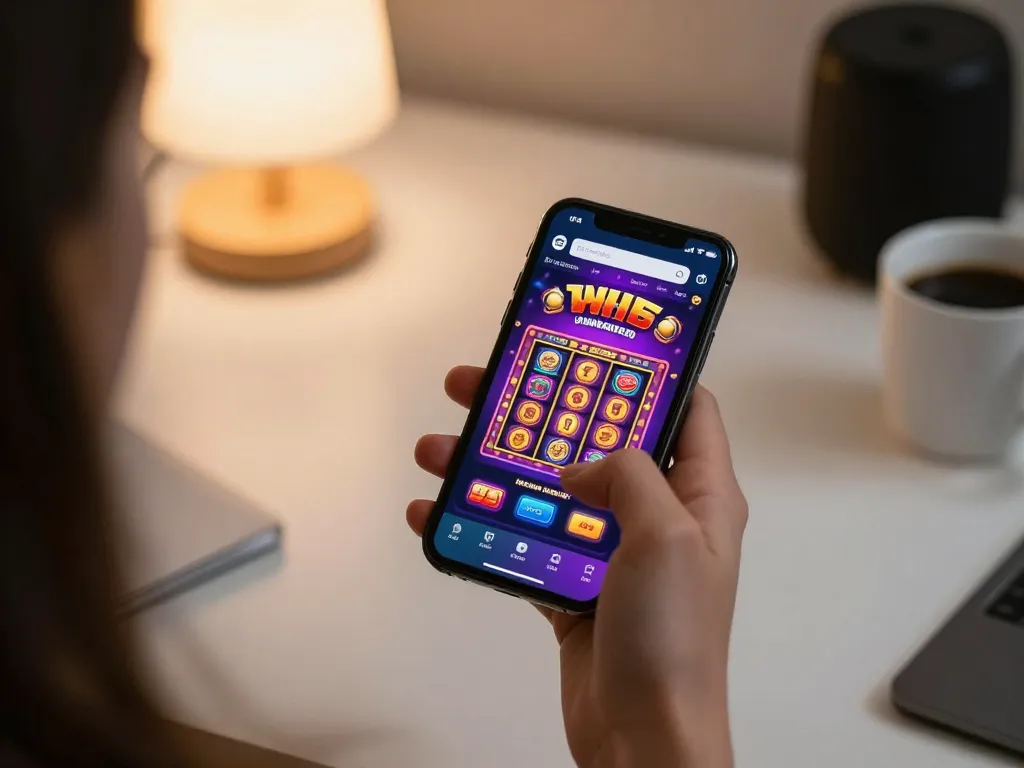 Person enjoying H5 browser play on smartphone, engaging with colorful casino app.