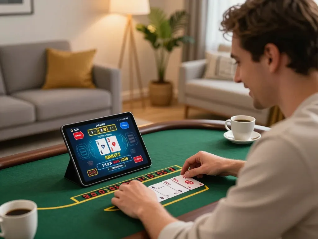 GO88 online gaming experience with player focused on live dealer game, showcasing a cozy home setting.