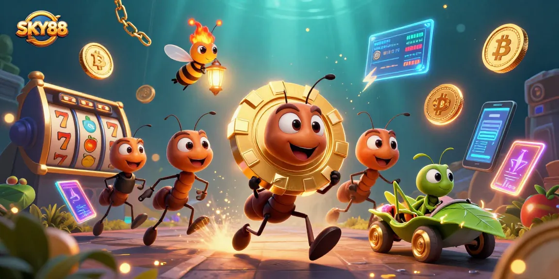 Experience thrilling wins with SKY88 as cartoon ants embark on a jackpot heist.