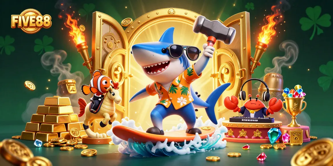 Engage in thrilling casino fun with FIVE88 featuring a vibrant 3D illustration of underwater characters and gold.