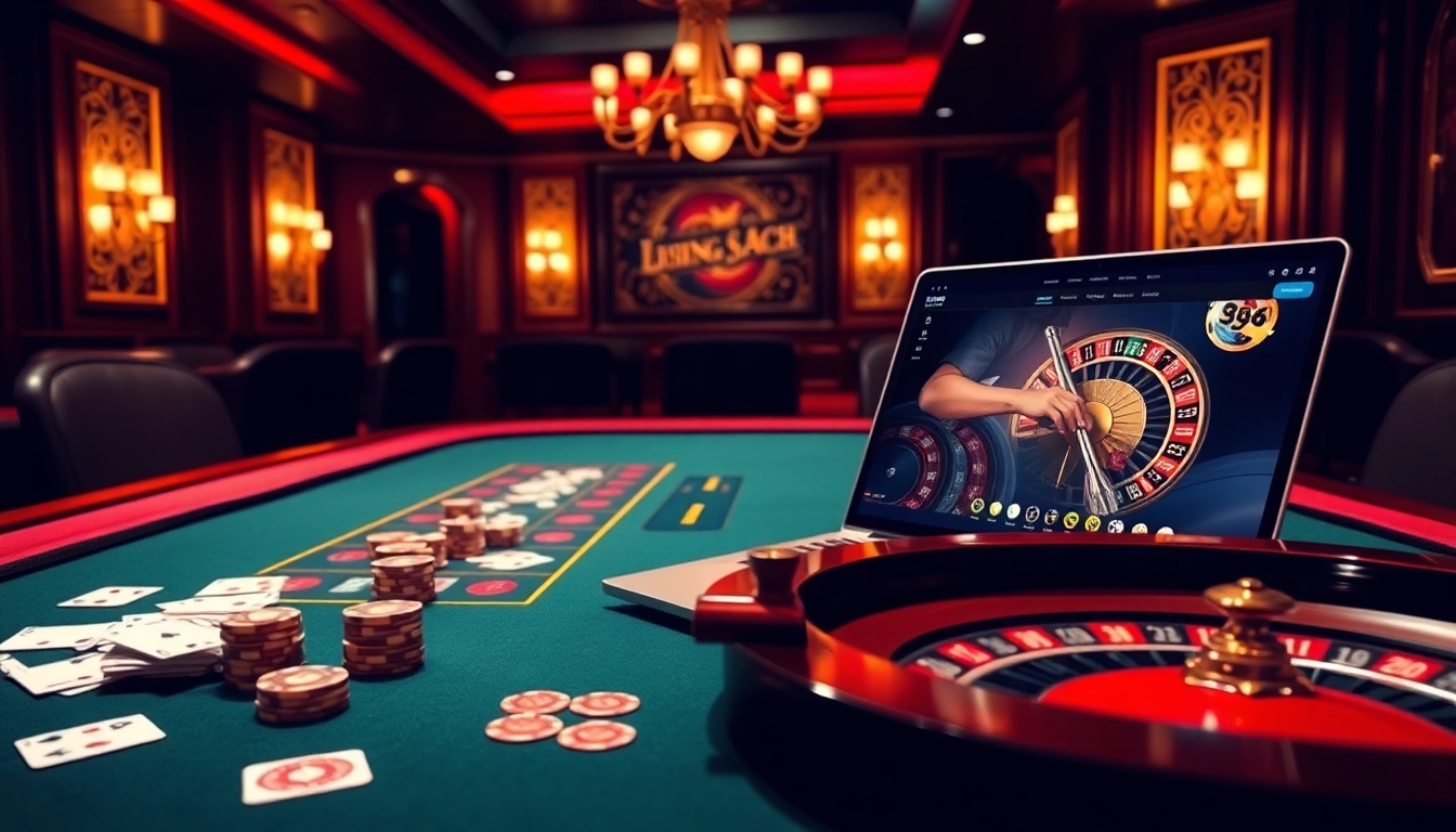 Exciting gambling scene featuring trang chu 98win with poker chips and a roulette wheel in a luxurious casino setting.