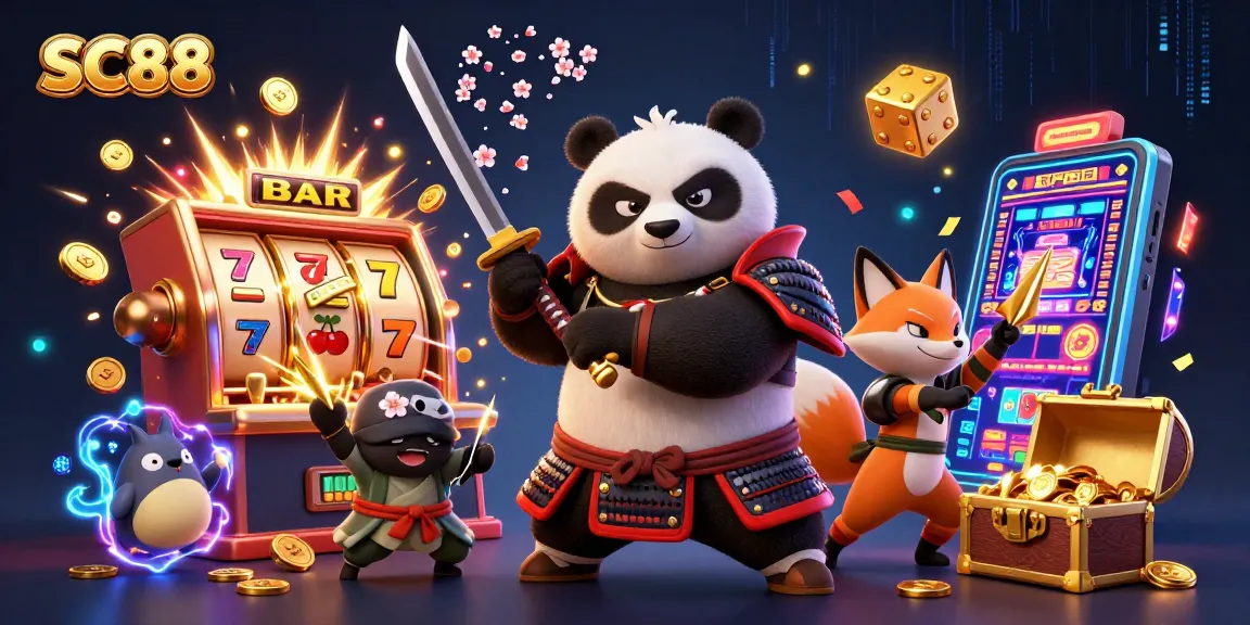 Engage with SC88 at the vibrant casino scene showcasing a samurai panda and ninja fox.