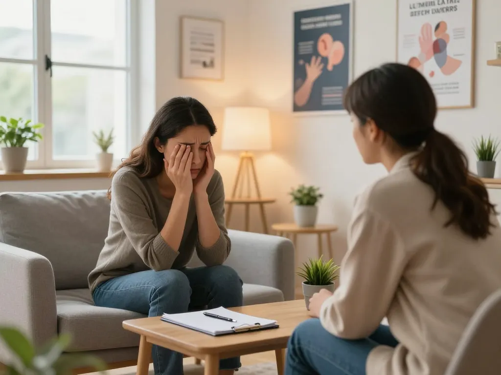Therapy session addressing 焦慮症 in a warm and inviting mental health clinic.