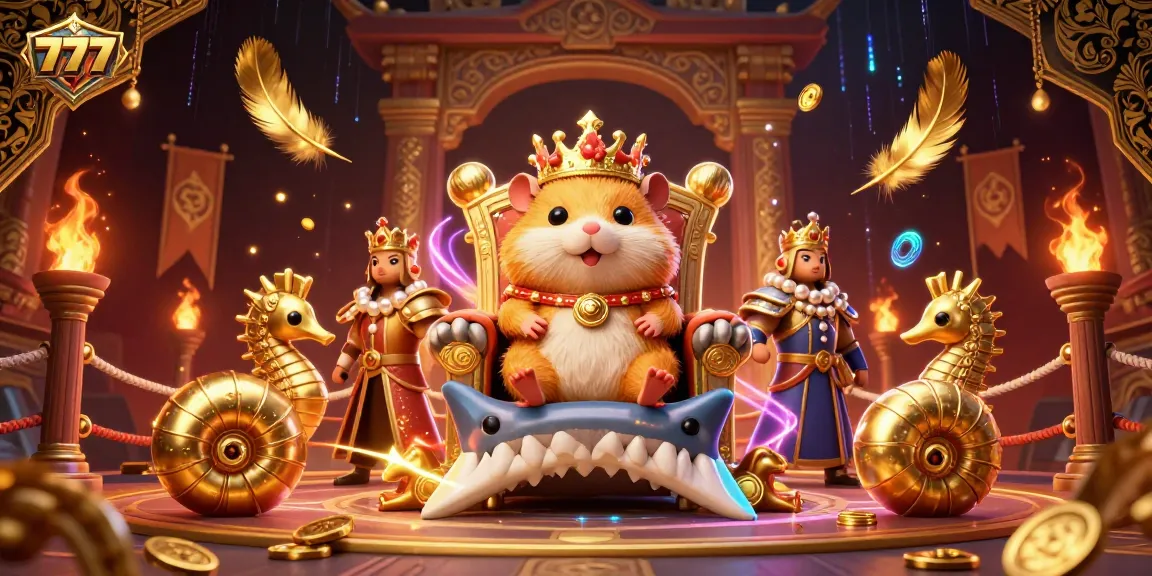 Experience thrilling action at 777 slots with a golden hamster king, seahorse guards, and vibrant casino elements.