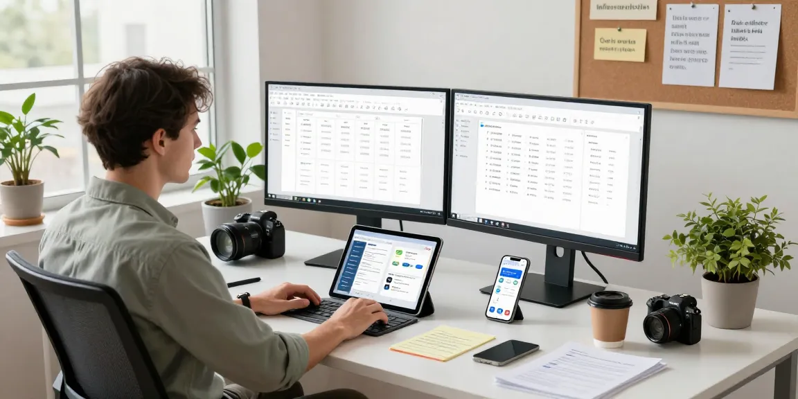 Professional in a modern workspace using WPS Office, showcasing productivity tools and a dynamic environment.