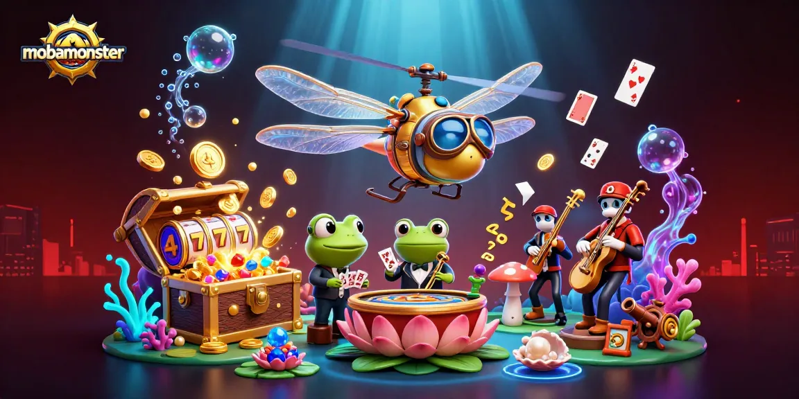 Engage with mobamonster's exciting casino scene featuring a dragonfly pilot, frog croupier, and vibrant game elements.