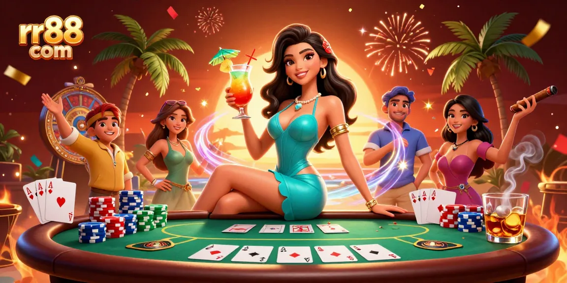 Engage with exciting games at rr88 com, featuring vibrant casino elements and tropical ambiance.