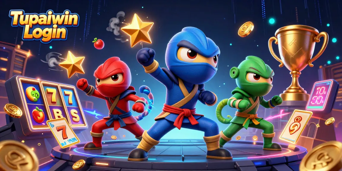 Tupaiwin Login showcases a vibrant scene with ninja chameleons celebrating casino wins, surrounded by dynamic slots and gold.
