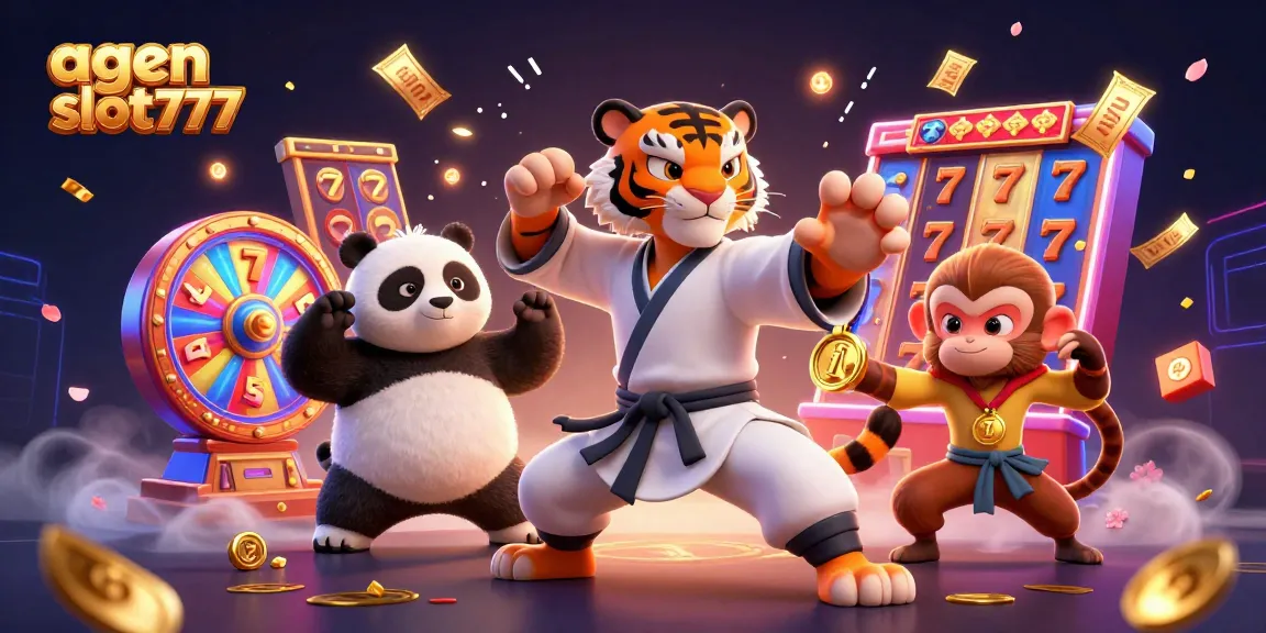 Engage with agen slot777 through lively 3D characters amidst festive gaming elements and vibrant slot symbols.
