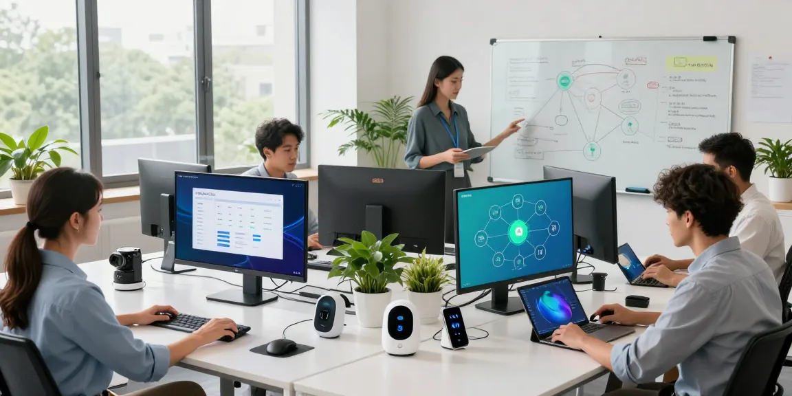 Team collaboration using 快连 in a modern office setting with tech gadgets and natural light.