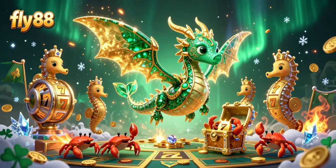 Experience the thrilling adventure of fly 88 with a vibrant 3D casino illustration featuring a sea dragon and slot games.