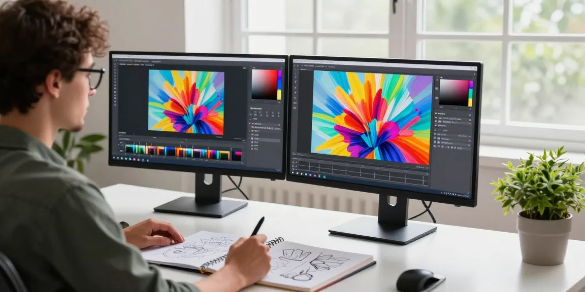 Designer using Nano Banana 2 AI image editor in a bright modern workspace with dual monitors showcasing vibrant edits.