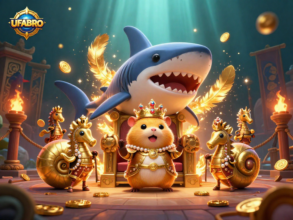 Experience thrilling bets with UFABRO, featuring vibrant royal characters in a dynamic casino scene.