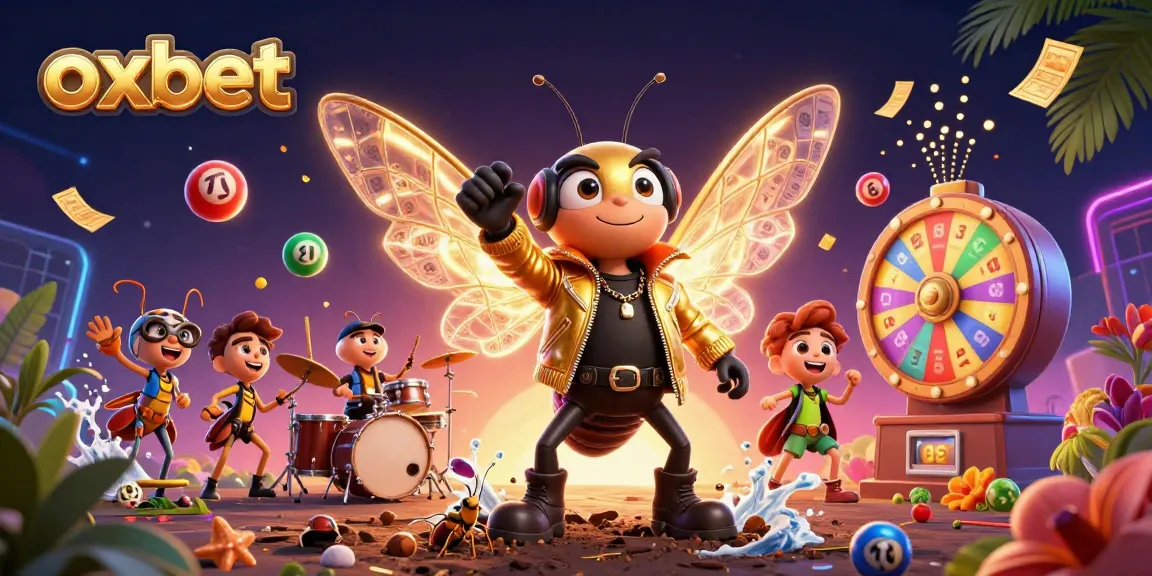 Experience exciting gameplay at oxbet with a vibrant 3D illustration of a rock star cicada and lively casino elements.