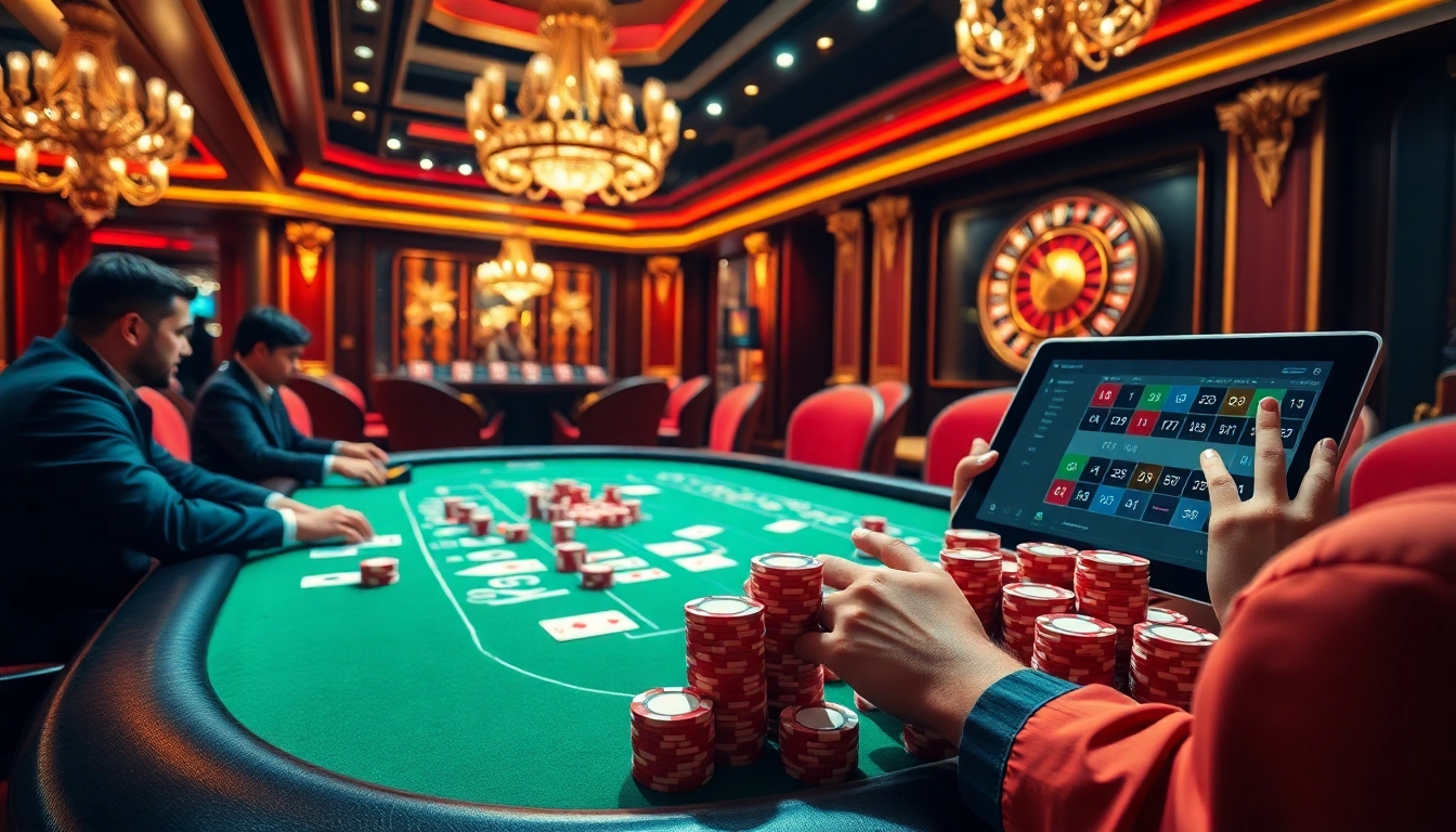 NK88 casino players engaging at a dynamic poker table with vibrant chips and a spinning roulette wheel.