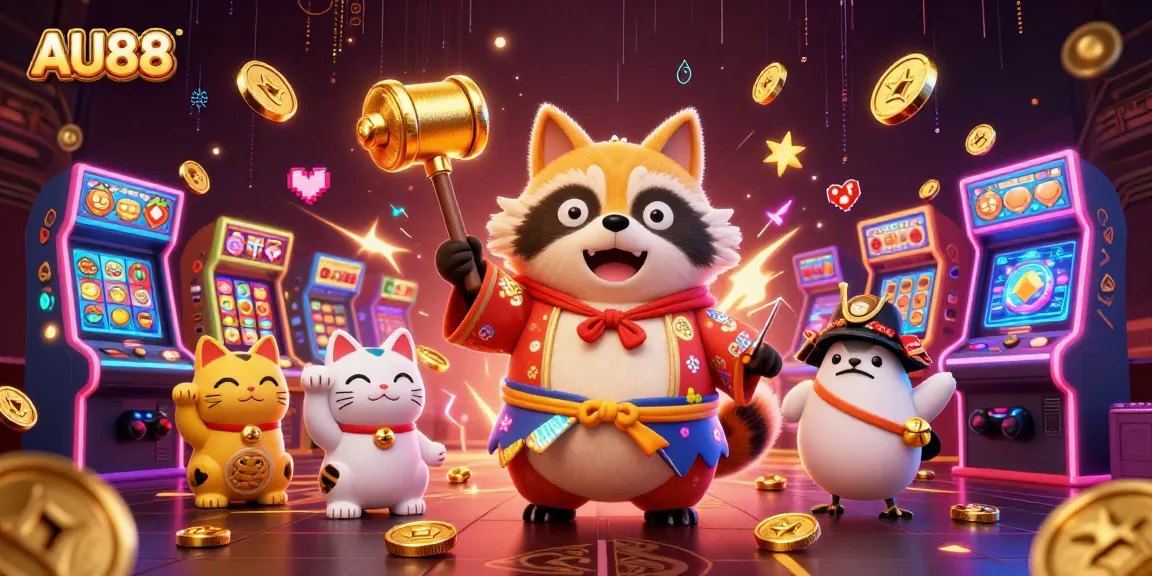 Win big with AU88 as a cheerful tanuki and lucky symbols light up the scene