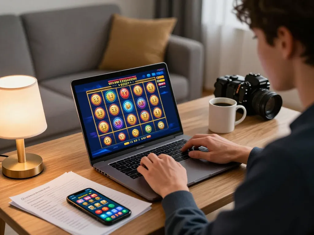 Player engaging with sc88 online casino slot game on laptop at home