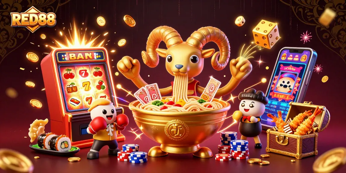 RED88 showcases a golden ramen bowl dealer surrounded by vibrant casino action and exciting elements.