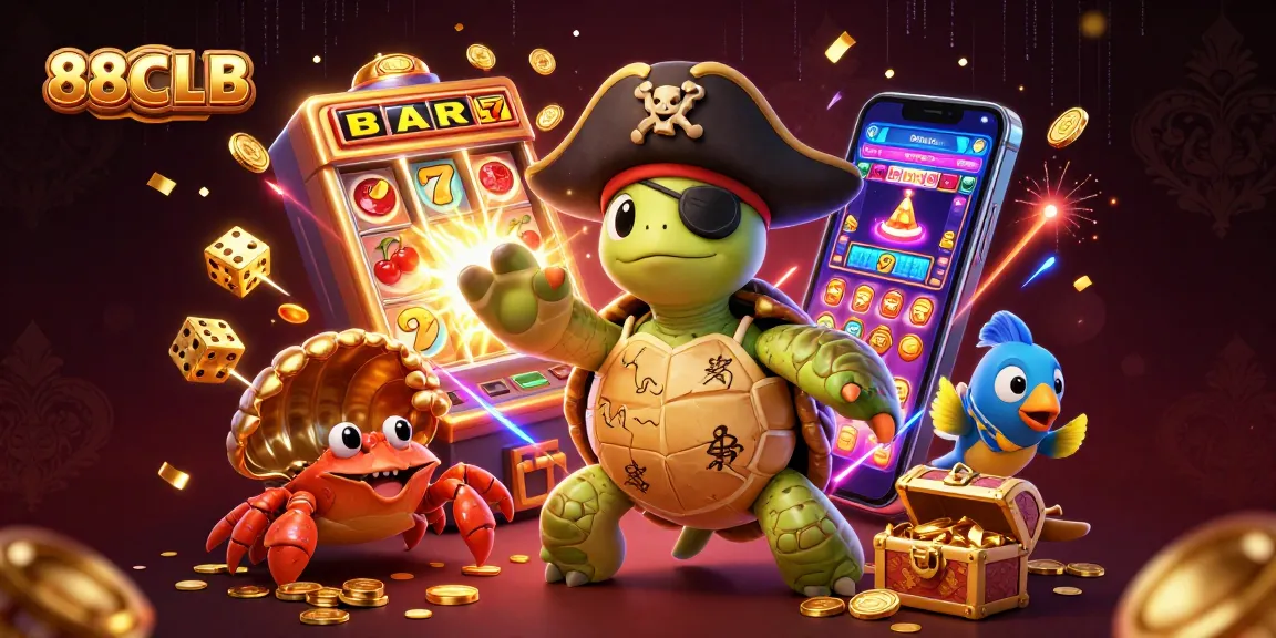 88CLB gaming scene featuring a pirate turtle and vibrant casino elements, capturing the excitement of online gambling.