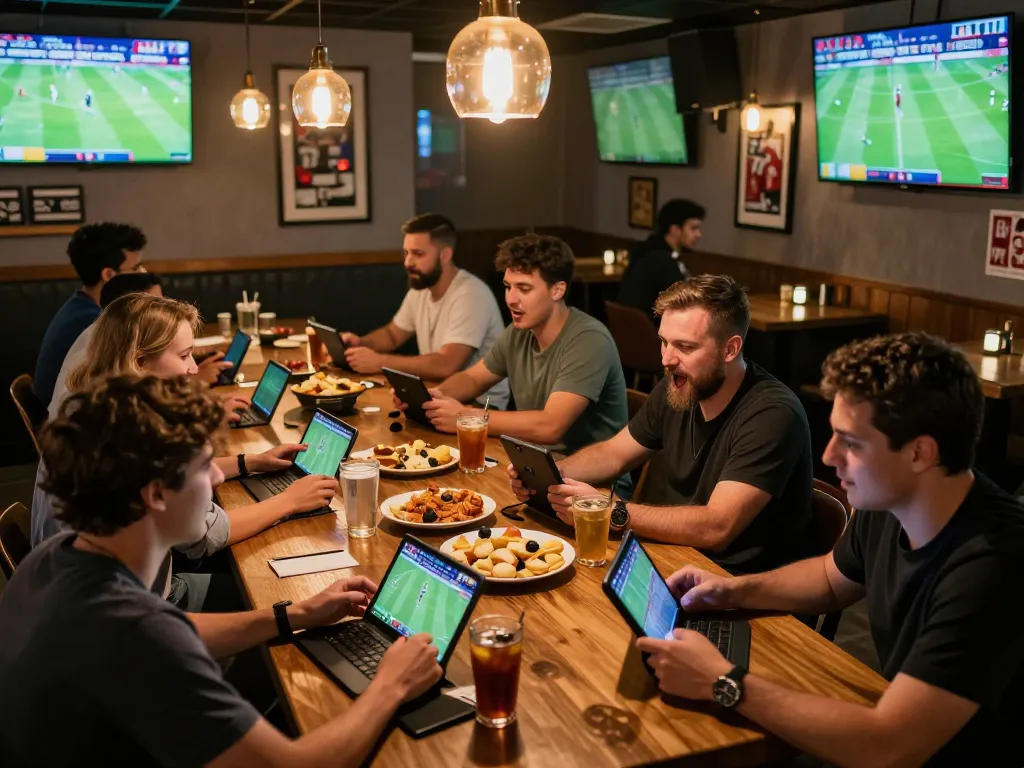 Friends enjoying sports betting during worldcup2026 in a lively bar atmosphere with excitement visible