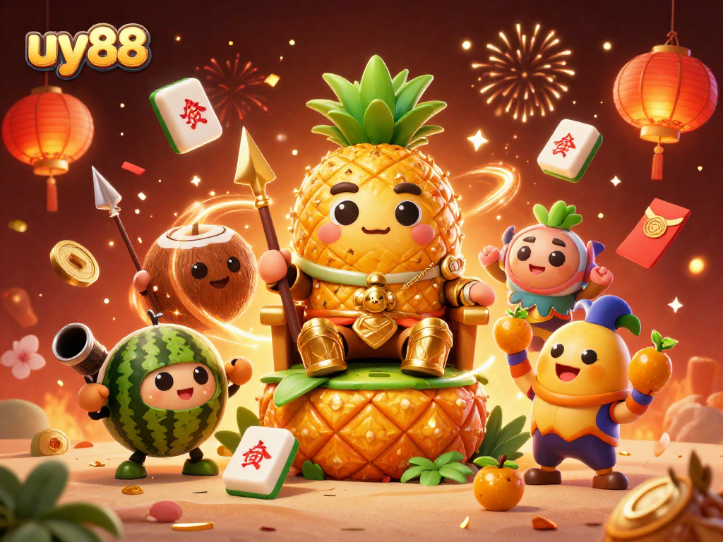 Experience thrilling gameplay at uy88, with a vibrant casino scene featuring a pineapple king and dynamic festive elements.