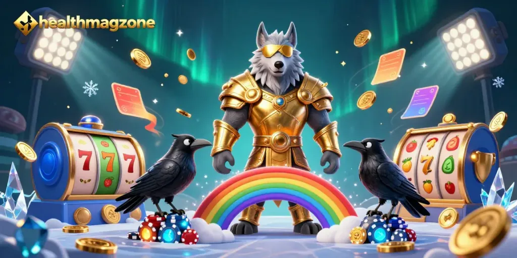 Slot online healthmagzone dengan Odin, raven, dan simbol perjudian yang menarik.