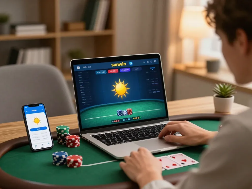 Engaging in a sunwin poker game on a laptop while enjoying a cozy home setup with chips and cards.
