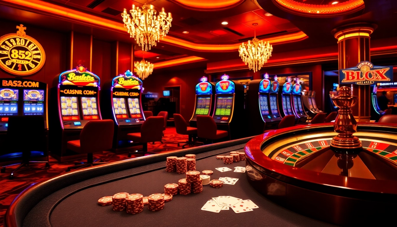 B52club casino table showing vibrant poker chips and cards in a luxury atmosphere.