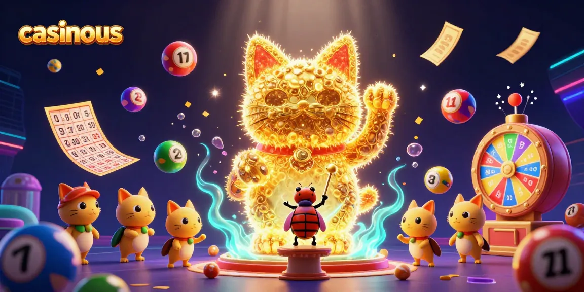 Casinous presents a vibrant 3D illustration of a lucky cat surrounded by dynamic lottery elements reflecting excitement in gambling.