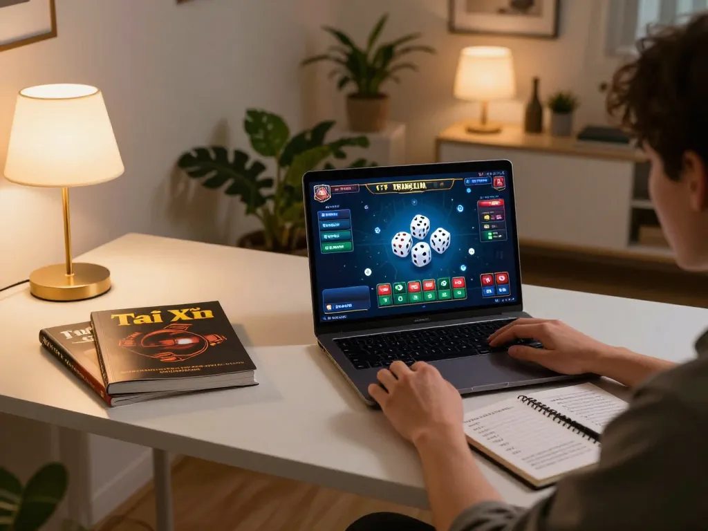 Tài Xỉu Online gameplay depicted in an engaging home setup, highlighting strategic betting and comfortable atmosphere.