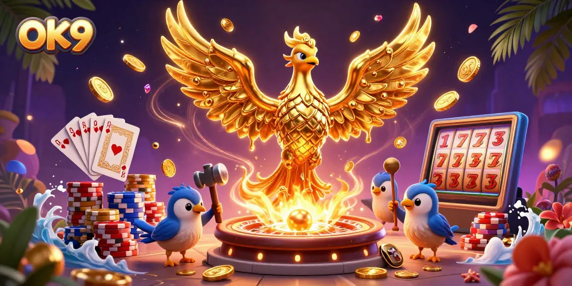Engage with OK9’s thrilling gaming experience featuring a golden phoenix and vibrant casino elements.