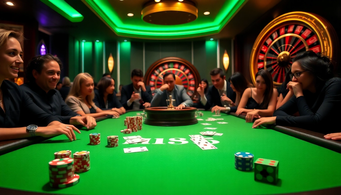 Players enjoying a game at a luxurious MM88 casino table, surrounded by colorful poker chips and cards.
