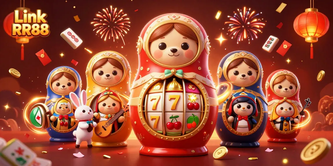 Engage in thrilling gameplay with Link RR88 as vibrant slot reels spin in a festive casino scene.