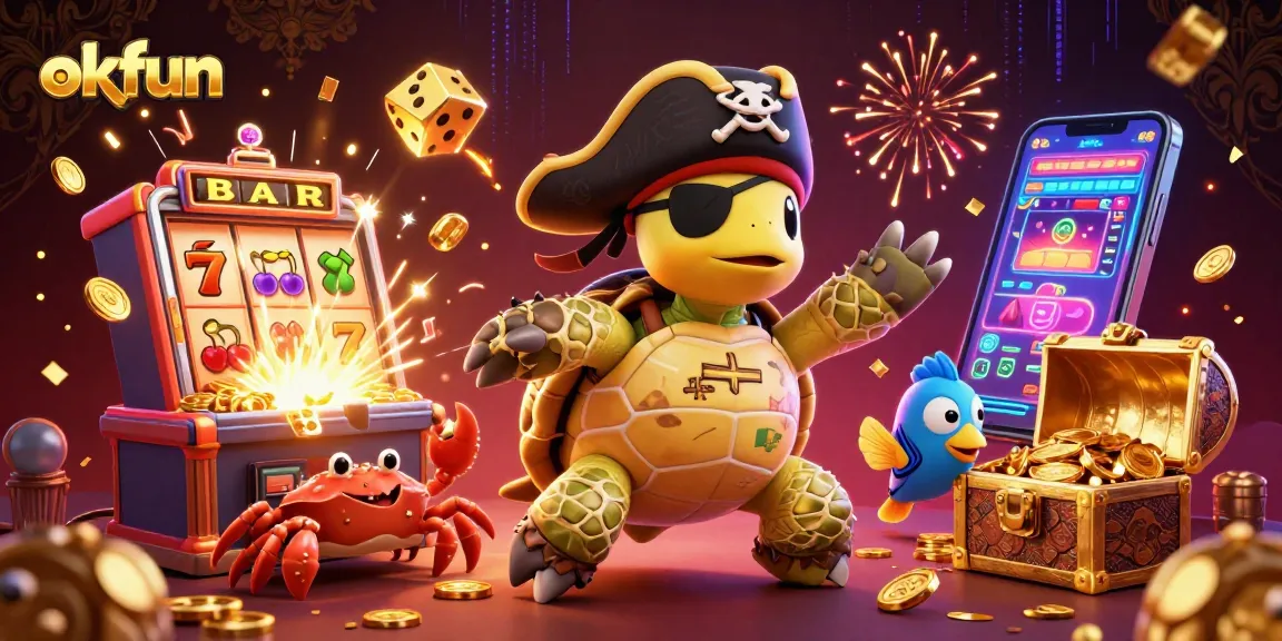 Engage in festive gaming fun at okfun, featuring a vibrant casino scene with animated characters and jackpot symbols.