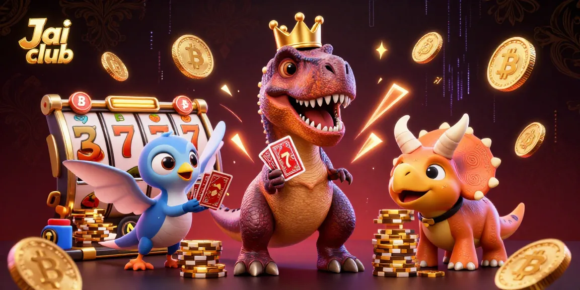 Jai club invites players to shuffle cards with a T-Rex while winning slots and jackpot rewards.