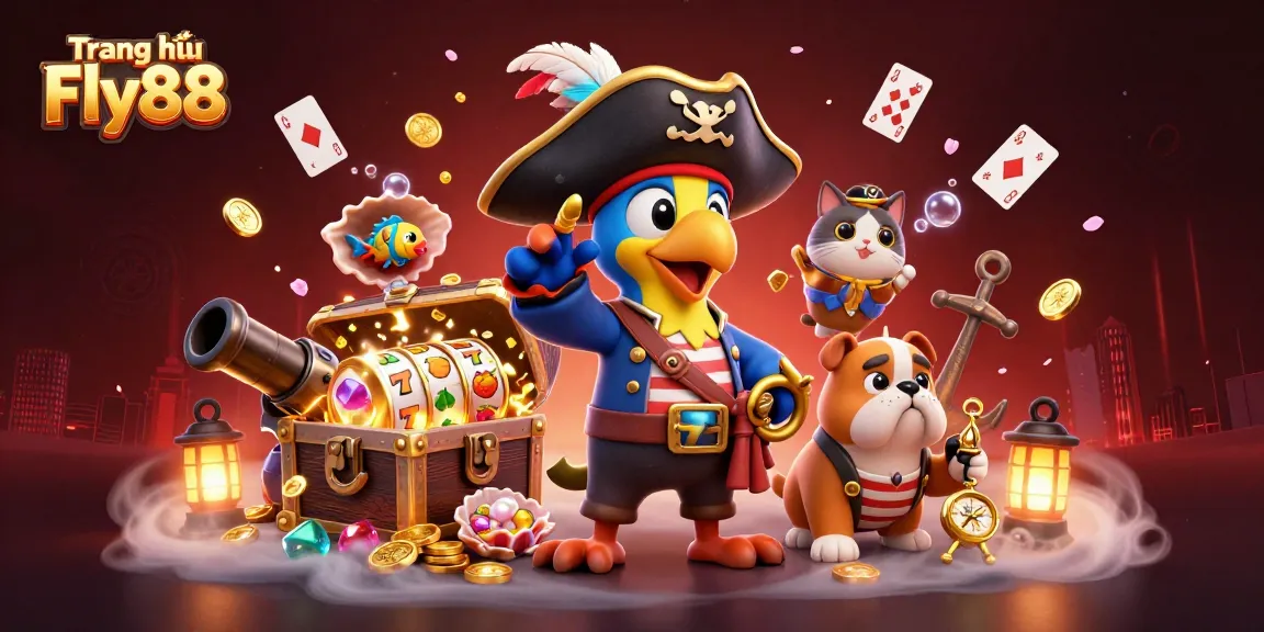 Engage in thrilling gameplay at Trang chủ Fly88 with vibrant illustrations of pirates, treasures, and casino adventures.