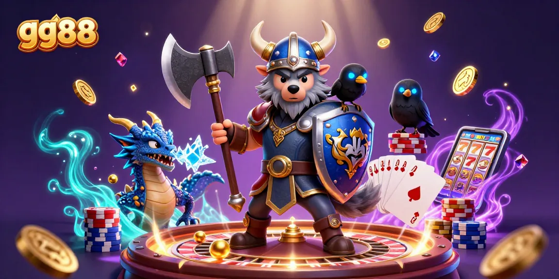 Engage in thrilling action with gg88 as a Viking warrior and dragon soar amidst casino treasures.