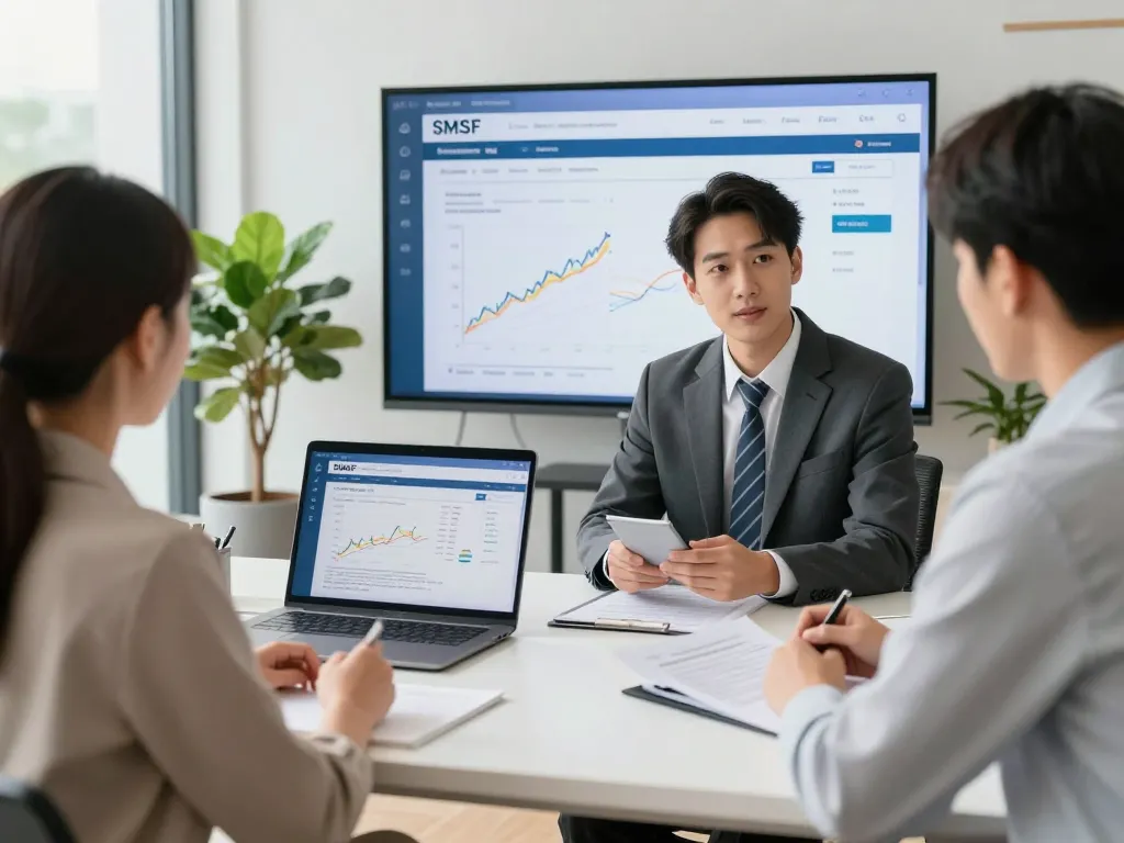 Consultation with SMSF Accountants discussing self-managed super funds in a modern office environment.